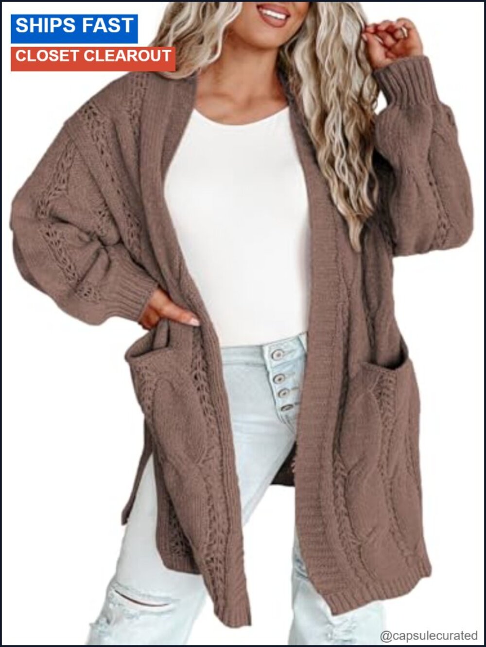 Plus Size Open Front Cable Knit Cardigan Long Sleeve Acrylic Sweater